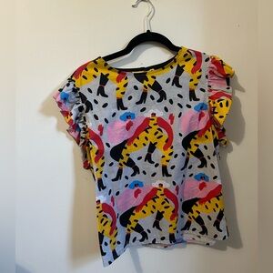 Nooworks ruffle top in dancing ladies pattern